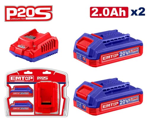 P20S 20V Battery and Charger Kit 2x2.0Ah Lithium-ion Batteries with 20V 2A Fast Charger One System for Multiple Tools Double Blister